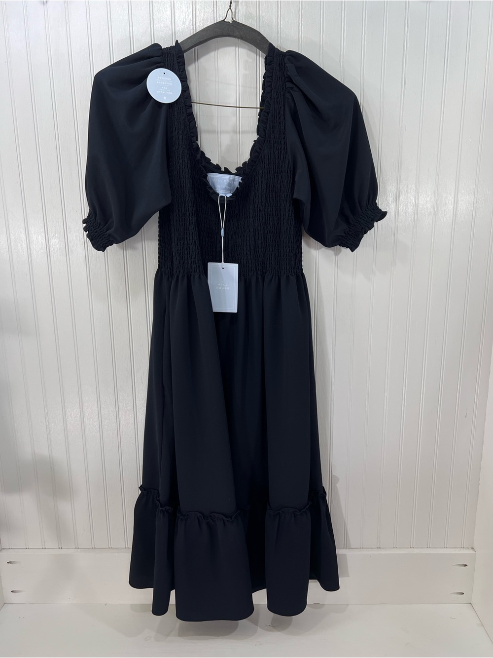 Hill House Louisa Nap Dress Black XL NWT Smocked Tiered Puff Sleeve Midi